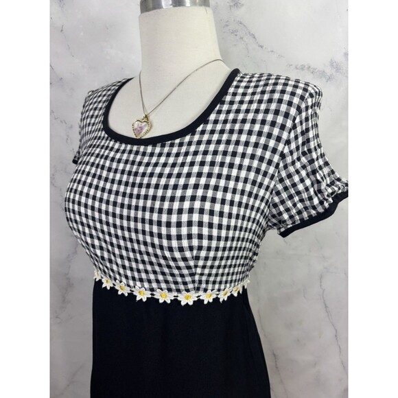 Vtg 90s ALL THAT JAZZ Gingham Babydoll Dress 9 M Black White Sunflower Grunge - Picture 11 of 14